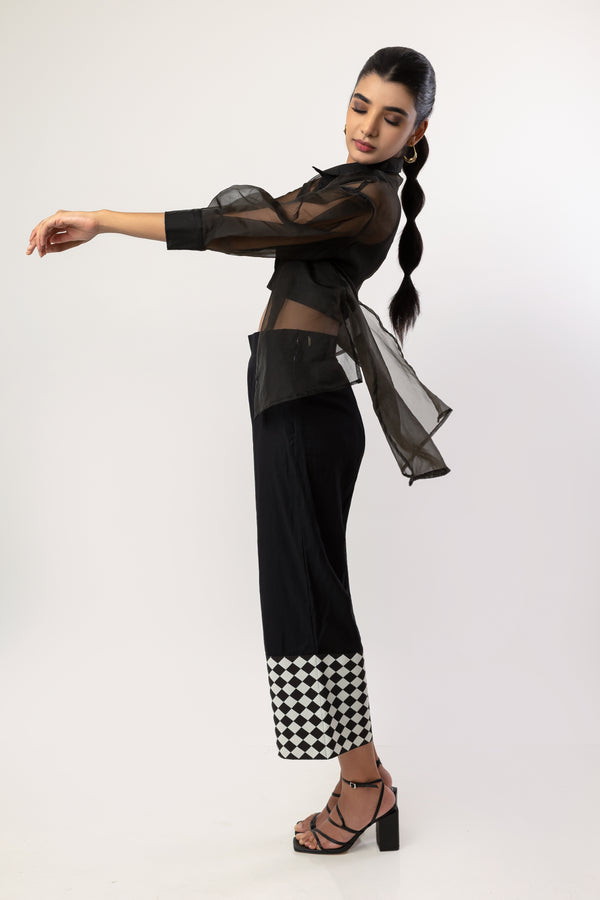 Black co-ord with organza shirt